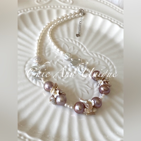 N3-Handmade Purple Edison Pearl, Keshi Pearl And Biwa Pearl Necklace - Picture 2 of 8
